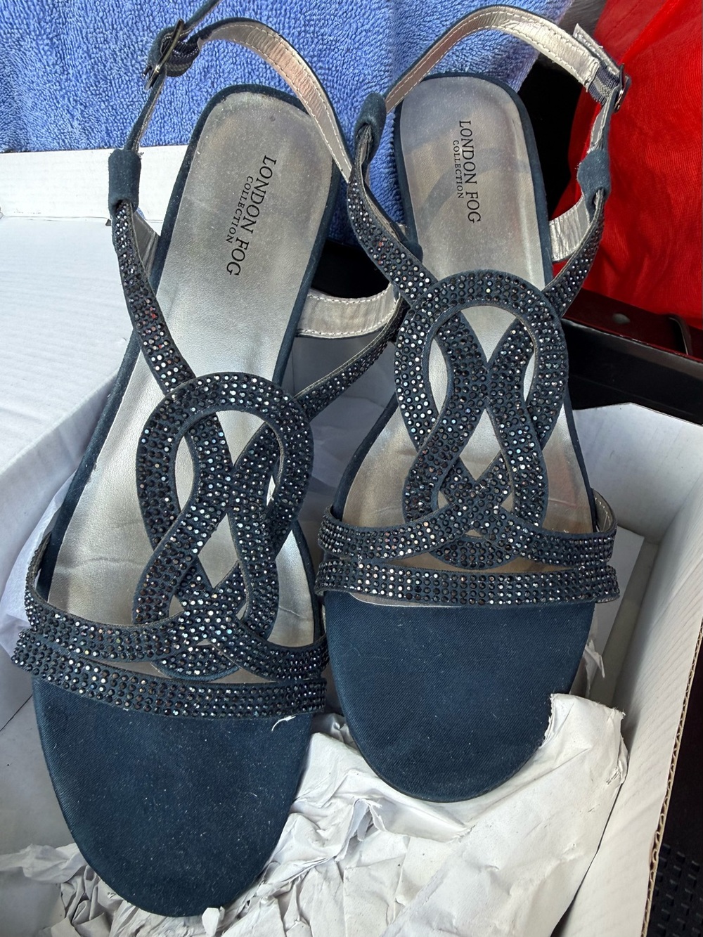 London Fog Black Crystal-Embellished Women’s Slingback Sandals